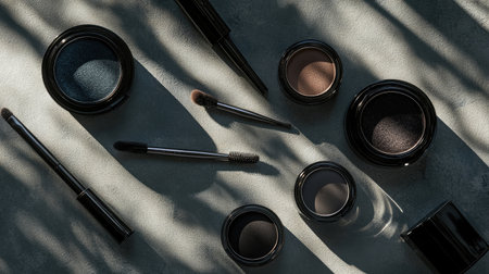 A stunning flat lay featuring an arrangement of makeup products, including eyeshadows and brushes, showcasing elegance and beauty in a soft light.の素材