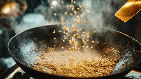 Experience the dynamic cooking scene with popcorn kernels being sprinkled into a hot wok, as steam and rich aromas fill the kitchen.の素材