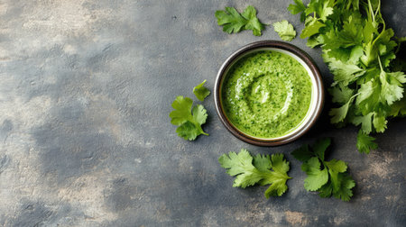 A vibrant green sauce made with fresh cilantro sits in a bowl on a dark textured background, accompanied by additional herb leaves, perfect for your culinary needs.の素材
