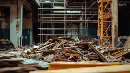 A detailed view of a chaotic construction site featuring a large pile of wooden debris and scattered construction materials amidst an abandoned building undergoing renovation.の素材
