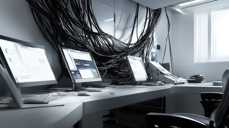 An organized modern workspace featuring multiple computer monitors, extensive cabling, and a minimalist ambiance, illustrating advanced technological setup and efficiency.の素材