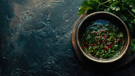A rustic bowl filled with a vibrant herb salsa mixture, showcasing fresh chopped herbs and spices against a dark stone background, perfect for culinary presentations.の素材