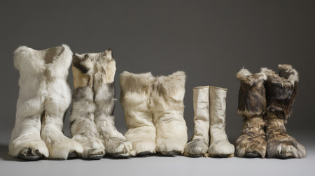A striking collection of vintage winter boots showcases unique textures and materials. Each pair reflects traditional craftsmanship, ideal for cold weather styles.の素材