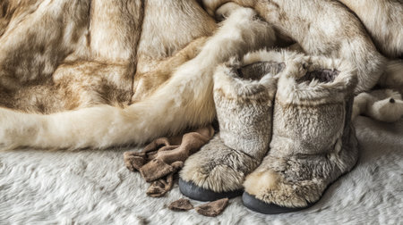 A beautifully arranged scene featuring soft fur boots on luxurious fur, evoking warmth and comfort perfect for winter-themed photography and design.の素材