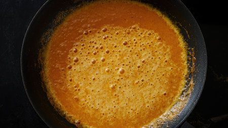 A vibrant orange curry sauce simmers in a skillet, showcasing its rich texture and bubbling surface. Perfect for culinary inspiration and cooking ideas.の素材
