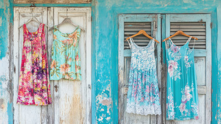 This image captures a collection of vibrant summer dresses displayed on wooden hangers against a weathered rustic wall, reflecting a tropical charm.の素材