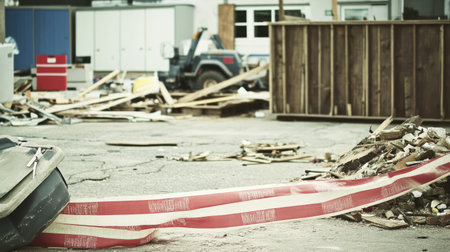 A disordered construction site filled with debris, caution tape, and damaged equipment, reflecting the ongoing renovation and urban cleanup efforts.の素材