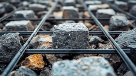 This close-up image features a detailed arrangement of rugged stones interspersed with metal grids in an urban environment, showcasing texture and industrial design.の素材