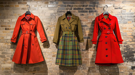 A vibrant display of three stylish women's coats on hangers, set against a vintage brick wall, showcasing fashion trends and seasonal styles.の素材