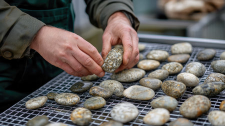 A person examines a variety of unique stones on a metal rack, highlighting craftsmanship and creativity. The natural textures and colors showcase the artistry involved in stone selection.の素材