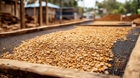 A vibrant scene showcasing coffee beans drying on a mesh rack under bright sunlight in a rural setting, reflecting a traditional agricultural process.の素材
