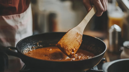 A close-up view of a hand stirring savory sauce in a black pan with a wooden spoon in a cozy kitchen, highlighting the warmth of home cooking.の素材