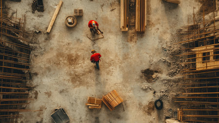 A detailed aerial view captures workers at a construction site, surrounded by materials, tools, and wooden structures, showcasing collaboration in progress.の素材
