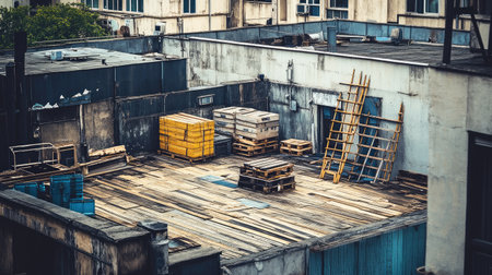 A detailed view of an urban rooftop showcasing wooden pallets stacked for storage alongside industrial containers. The weathered surface and surroundings depict a unique, gritty character.の素材