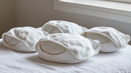 This image showcases a serene arrangement of soft white pillows on a clean bed, illuminated by natural light streaming in through a window. Perfect for home decor inspiration.の素材