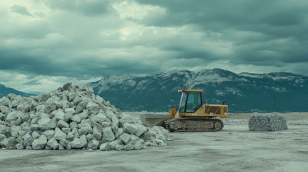 Heavy machinery operates on a rocky landscape under a dramatic cloudy sky, showcasing a bulldozer efficiently moving stones at a construction site.の素材