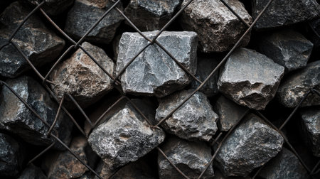 A close view of gray and black irregular stones secured by metal mesh, creating a rugged texture suitable for industrial and construction themes.の素材
