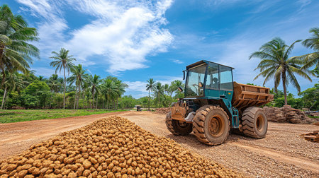 A bright and dynamic scene of heavy machinery at work on a construction site, featuring a dump truck and a pile of dirt under a clear blue sky.の素材