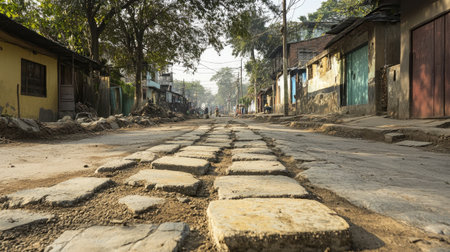A captivating view of a cobbled street, lined with old buildings and trees, capturing the essence of urban nature and rustic charm in the morning light.の素材