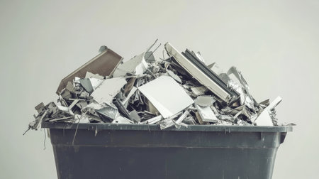 This image showcases a large black container filled with a chaotic mix of waste, ranging from metallic fragments to non-metallic debris, highlighting the urgent need for effective waste management and recycling practices in urban environments.の素材