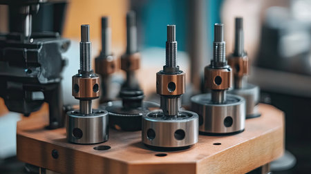 Close-up view of precision engineering components on a workshop bench, showcasing the intricate design and craftsmanship involved in modern manufacturing processes.の素材