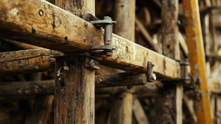 A detailed close-up image showcasing a wooden scaffolding system with metal fasteners, illustrating the rugged texture and essential structure used in construction projects.の素材