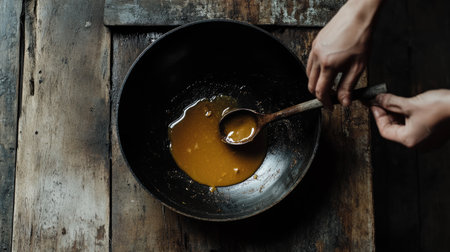 Hands gently stir a savory sauce in a rustic bowl placed on a textured wooden surface. The warm tones and simplicity evoke a cozy kitchen atmosphere.の素材