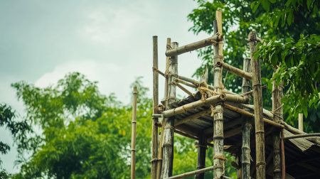 This image captures a bamboo scaffolding structure surrounded by greenery, reflecting traditional construction methods in a serene outdoor setting.の素材