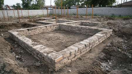 Image showcases a construction site with a partially built brick foundation laid on the ground, surrounded by a prepared area for future building activities.の素材