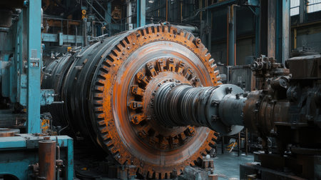A close-up view of an industrial turbine in a manufacturing facility showcases the detailed mechanical components and robust engineering behind energy generation systems.の素材