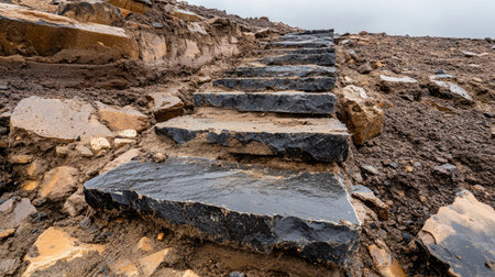 A stunning view of natural stone steps cutting through rugged terrain showcases the beauty of outdoor exploration. The cloudy sky adds an atmospheric touch.の素材