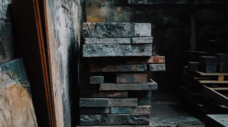 A close-up view of a stack of textured stone blocks sitting in an abandoned workshop. The rustic atmosphere highlights shadows and aged surfaces.の素材