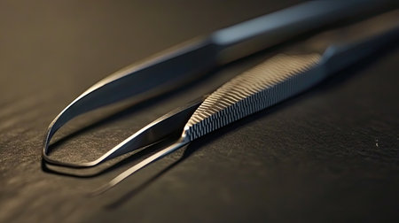 A close-up view of sleek surgical tweezers showcasing their fine craftsmanship and precision, set against a dark background to emphasize their metallic elegance.の素材