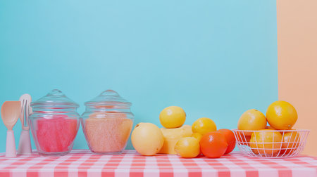 A vibrant kitchen scene featuring jars of colored sugar and a variety of fresh fruits, showcasing a modern and colorful aesthetic perfect for culinary projects.の素材