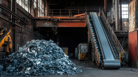 An atmospheric view of an industrial warehouse showcasing a large pile of metal scrap beside a conveyor belt, emphasizing recycling and waste management processes.の素材