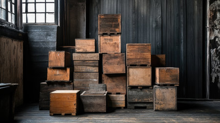 A group of stacked wooden crates in a rustic indoor setting, highlighted by natural light. The dark wall enhances the warm tones of the wood. This arrangement creates an appealing atmosphere perfect for various artistic projects and interior designs.の素材