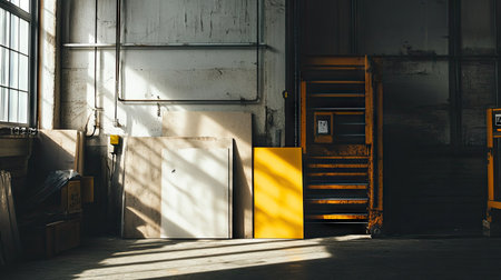 A serene scene inside an industrial warehouse, showcasing sunlight streaming through a window, casting intricate shadows over various materials and equipment.の素材