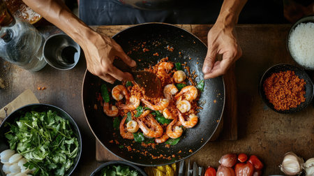 This captivating image showcases the art of cooking shrimp with vibrant spices and fresh herbs in a skillet, emphasizing the joy of culinary creativity.の素材