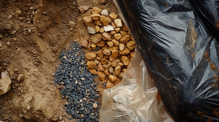 This image showcases various types of gravel and rock materials, essential for construction and landscaping applications. Different colors and textures are visible.の素材