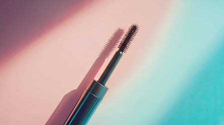 This artistic close-up showcases a mascara tube with intricate bristles, highlighting its dramatic shadow on a pastel background, perfect for beauty themes.の素材
