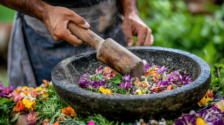An artisan skillfully prepares a blend of colorful flower petals and fresh herbs using a traditional stone mortar, showcasing the beauty of nature's ingredients.の素材