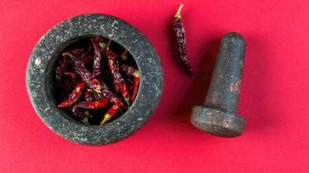A close-up image of dried red chile peppers in a granite mortar accompanied by a pestle, set against a vibrant red background, ideal for culinary themes.の素材