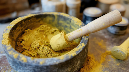 This close-up image features a stone bowl filled with vibrant yellow powder and a wooden scoop, set against a rustic workshop backdrop. Perfect for culinary and crafting themes.の素材