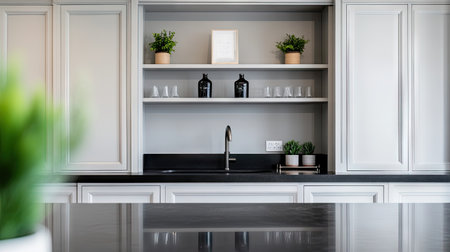 A modern kitchen interior featuring elegantly crafted cabinetry and minimalist design, accented by decorative plants and a sleek countertop. Perfect for aspiring home decorators or designers.の素材