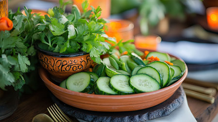 A beautifully arranged plate of freshly sliced cucumbers accompanied by vibrant green herbs, perfect for a summer meal or casual gathering.の素材