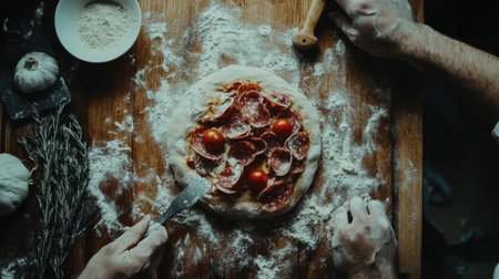 A top-down view of hands skillfully preparing a fresh pizza on a wooden table, with various toppings, flour, and culinary ingredients creating a delightful scene.の素材