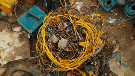A chaotic scene showcasing a tangled mass of worn electrical cables and wires in an industrial setting, highlighting the complexity and challenges of maintenance.の素材