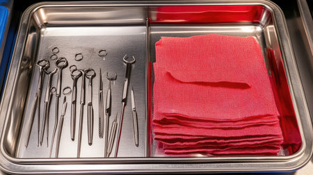 A collection of stainless steel surgical instruments arranged neatly on a tray beside red cloths, showcasing the essential tools for medical procedures in a sterile environment.の素材