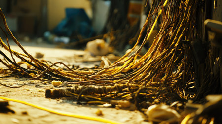 Captivating image of twisted organic roots on the ground, illuminated by warm light, showcasing intricate textures and natural beauty, perfect for nature enthusiasts.の素材
