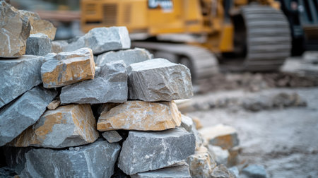 A close-up view of a pile of gray and yellow stones at a construction site, with heavy machinery visible in the background, showcasing raw materials used for building.の素材